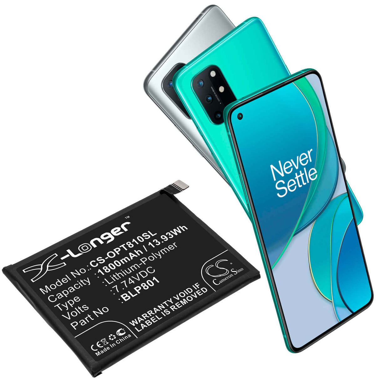 7.74V, Li-Polymer, 1800mAh, SmartPhone battery fits Oneplus, Blp801, 8t+ 5g, Kb2003, 13.93Wh Mobile, SmartPhone Cameron Sino Technology Limited (Smartphone)