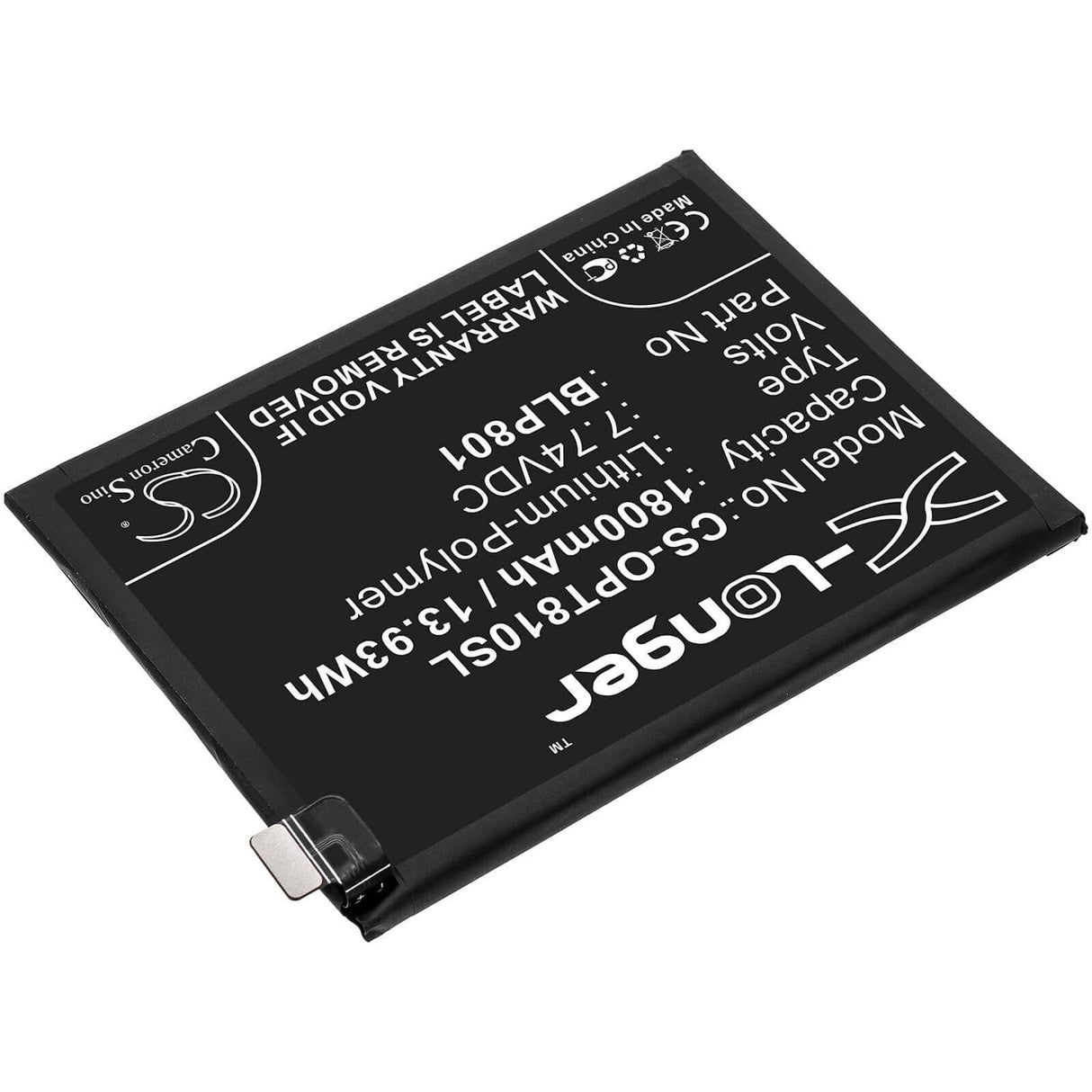 7.74V, Li-Polymer, 1800mAh, SmartPhone battery fits Oneplus, Blp801, 8t+ 5g, Kb2003, 13.93Wh Mobile, SmartPhone Cameron Sino Technology Limited (Smartphone)