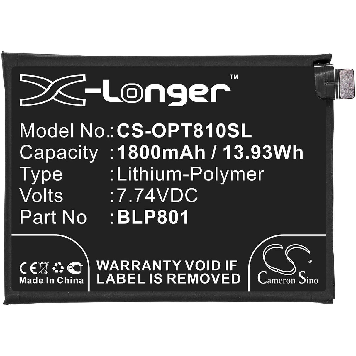7.74V, Li-Polymer, 1800mAh, SmartPhone battery fits Oneplus, Blp801, 8t+ 5g, Kb2003, 13.93Wh Mobile, SmartPhone Cameron Sino Technology Limited (Smartphone)