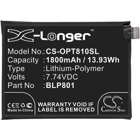 7.74V, Li-Polymer, 1800mAh, SmartPhone battery fits Oneplus, Blp801, 8t+ 5g, Kb2003, 13.93Wh Mobile, SmartPhone Cameron Sino Technology Limited (Smartphone)