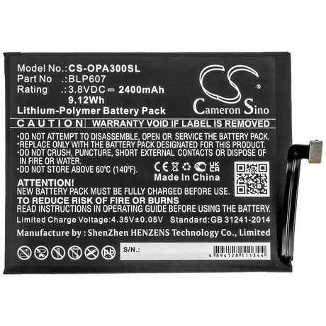 3.8V, Li-Polymer, 2400mAh, SmartPhone battery fits Oneplus, Oppo, Blp607, E1000, E1001, 9.12Wh Mobile, SmartPhone Cameron Sino Technology Limited (Smartphone)