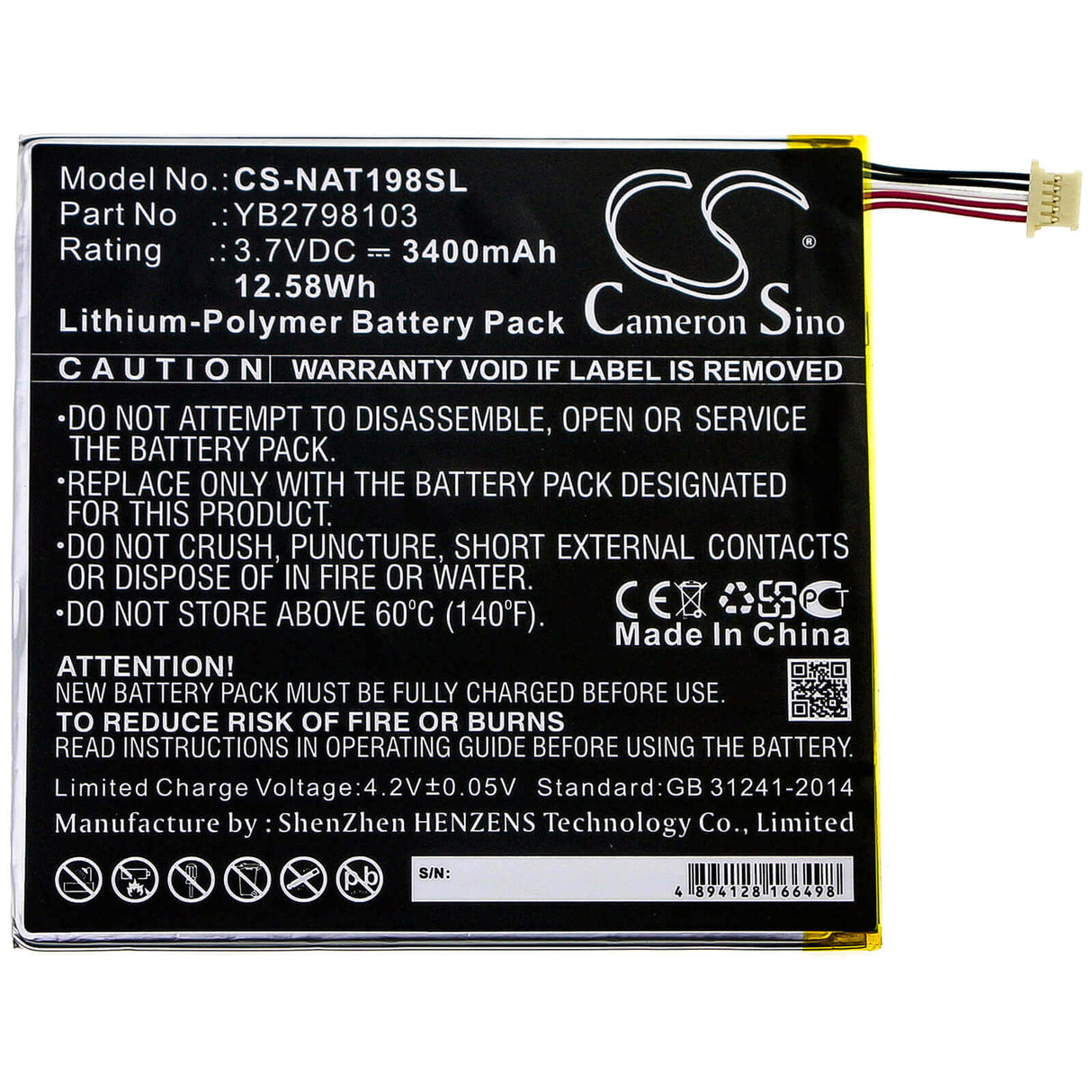3.7V, Li-Polymer, 3400mAh, Tablet battery fits Onn, Yb2798103, 100005207, Ona19tb002, 12.58Wh Tablet Cameron Sino Technology Limited
