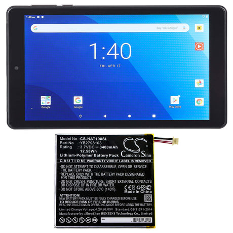 3.7V, Li-Polymer, 3400mAh, Tablet battery fits Onn, Yb2798103, 100005207, Ona19tb002, 12.58Wh Tablet Cameron Sino Technology Limited