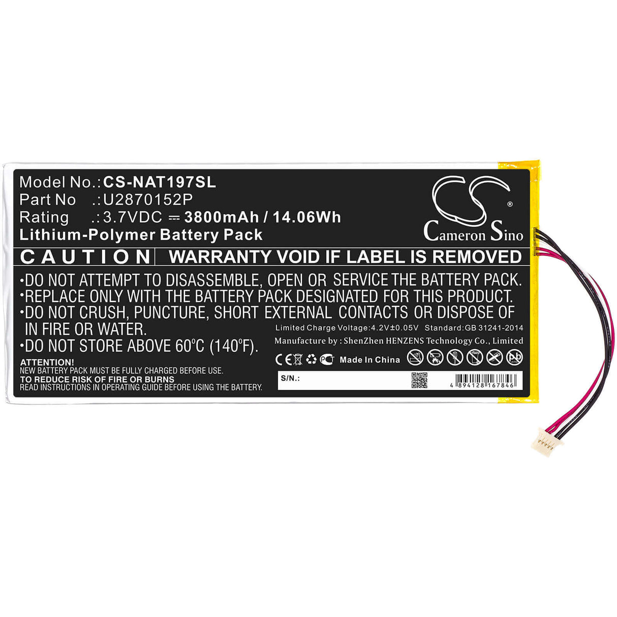 3.7V, Li-Polymer, 3800mAh, Tablet battery fits Onn, U2870152p, Ona19tb003, Ona19tb007, 14.06Wh Tablet Cameron Sino Technology Limited