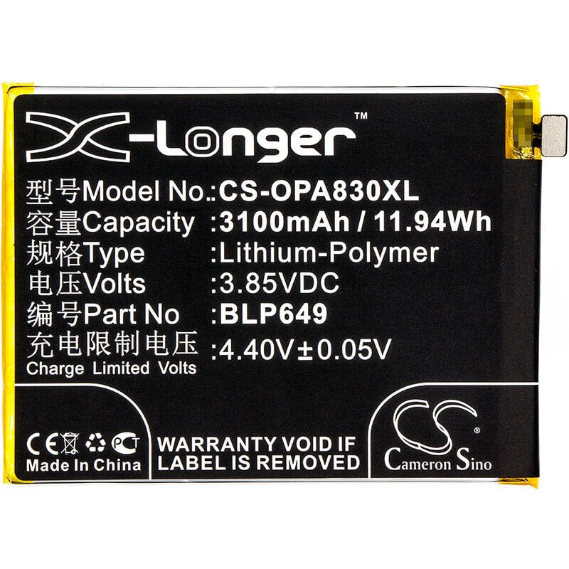 3.85V, Li-Polymer, 3100mAh, SmartPhone battery fits Oppo, Blp649, A1 Dual Sim, A1 Dual Sim Td-lte, 11.94Wh Mobile, SmartPhone Cameron Sino Technology Limited (Smartphone)