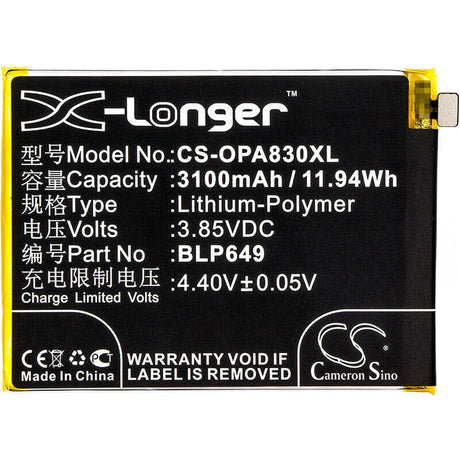 3.85V, Li-Polymer, 3100mAh, SmartPhone battery fits Oppo, Blp649, A1 Dual Sim, A1 Dual Sim Td-lte, 11.94Wh Mobile, SmartPhone Cameron Sino Technology Limited (Smartphone)