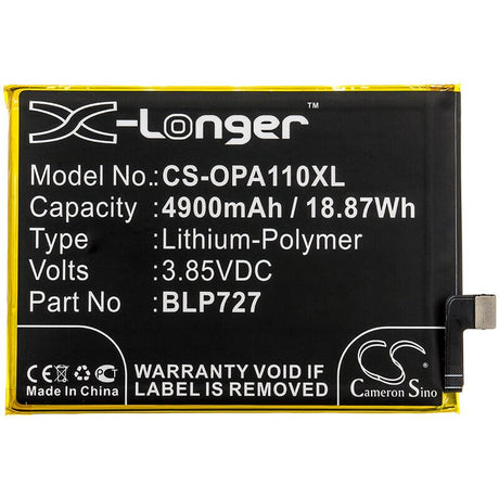 3.85V, Li-Polymer, 4900mAh, SmartPhone battery fits Oppo, Blp727, A11x, Pchm00, 18.87Wh Mobile, SmartPhone Cameron Sino Technology Limited (Smartphone)