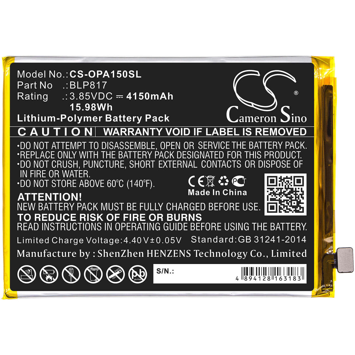 3.85V, Li-Polymer, 4150mAh, SmartPhone battery fits Oppo, Blp817, A15, A15 2020, 15.98Wh Mobile, SmartPhone Cameron Sino Technology Limited (Smartphone)