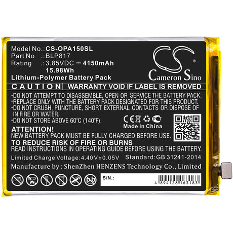 3.85V, Li-Polymer, 4150mAh, SmartPhone battery fits Oppo, Blp817, A15, A15 2020, 15.98Wh Mobile, SmartPhone Cameron Sino Technology Limited (Smartphone)