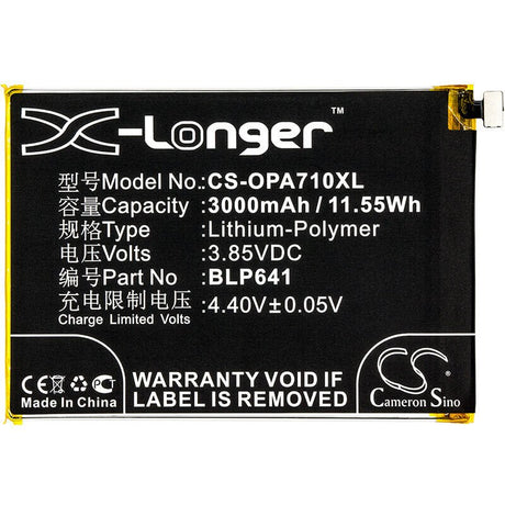 3.85V, Li-Polymer, 3000mAh, SmartPhone battery fits Oppo, Blp641, A71, A71 2018 Dual Sim, 11.55Wh Mobile, SmartPhone Cameron Sino Technology Limited (Smartphone)