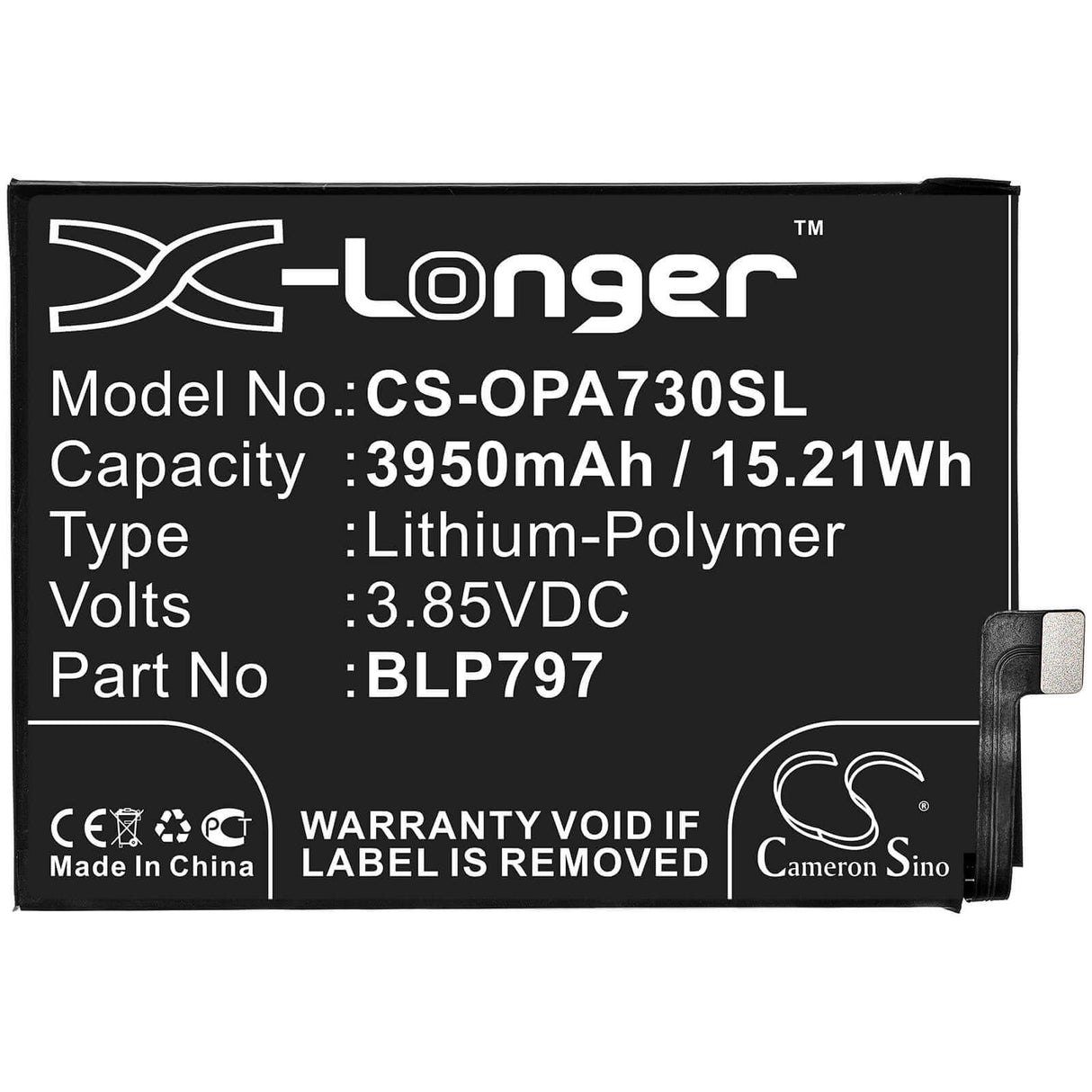3.85V, Li-Polymer, 3950mAh, SmartPhone battery fits Oppo, Blp797, A72 5g, A73 5g, 15.21Wh Mobile, SmartPhone Cameron Sino Technology Limited (Smartphone)