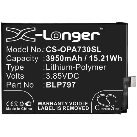 3.85V, Li-Polymer, 3950mAh, SmartPhone battery fits Oppo, Blp797, A72 5g, A73 5g, 15.21Wh Mobile, SmartPhone Cameron Sino Technology Limited (Smartphone)