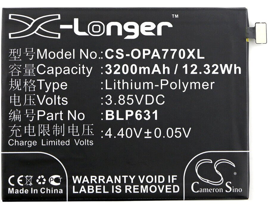 3.85V, Li-Polymer, 3200mAh, SmartPhone battery fits Oppo, Blp631, A73, A73 Dual Sim, 12.32Wh Mobile, SmartPhone Cameron Sino Technology Limited (Smartphone)