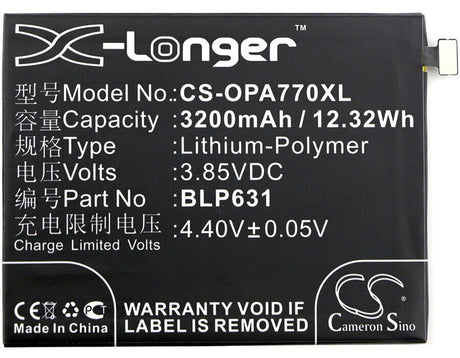 3.85V, Li-Polymer, 3200mAh, SmartPhone battery fits Oppo, Blp631, A73, A73 Dual Sim, 12.32Wh Mobile, SmartPhone Cameron Sino Technology Limited (Smartphone)