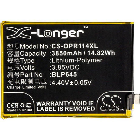 3.85V, Li-Polymer, 3850mAh, SmartPhone battery fits Oppo, Blp645, Cph1721, R11s Plus, 14.82Wh Mobile, SmartPhone Cameron Sino Technology Limited (Suspended)