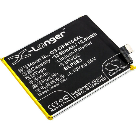 3.85V, Li-Polymer, 3350mAh, SmartPhone battery fits Oppo, Blp663, Cph1835, Pacm00, 12.9Wh Mobile, SmartPhone Cameron Sino Technology Limited (Suspended)