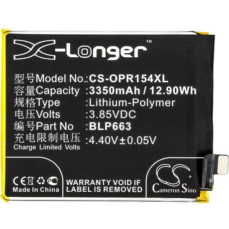 3.85V, Li-Polymer, 3350mAh, SmartPhone battery fits Oppo, Blp663, Cph1835, Pacm00, 12.9Wh Mobile, SmartPhone Cameron Sino Technology Limited (Suspended)