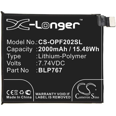 7.74V, Li-Polymer, 2000mAh, SmartPhone battery fits Oppo, Blp767, Cph2025, Find X2 Pro, 15.48Wh Mobile, SmartPhone Cameron Sino Technology Limited (Smartphone)