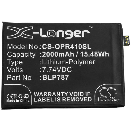 7.74V, Li-Polymer, 2000mAh, SmartPhone battery fits Oppo, Blp787, Cph2109, Reno4 Pro 4g, 15.48Wh Mobile, SmartPhone Cameron Sino Technology Limited (Smartphone)