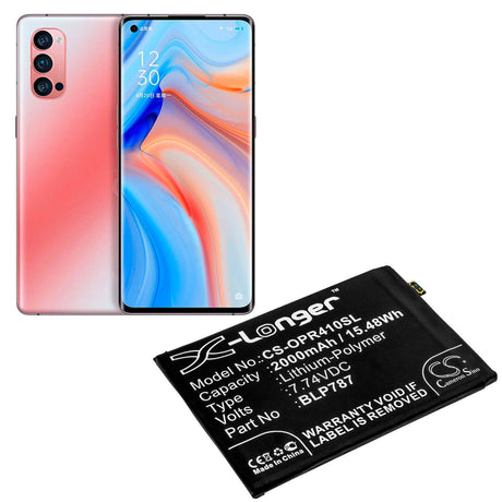 7.74V, Li-Polymer, 2000mAh, SmartPhone battery fits Oppo, Blp787, Cph2109, Reno4 Pro 4g, 15.48Wh Mobile, SmartPhone Cameron Sino Technology Limited (Smartphone)