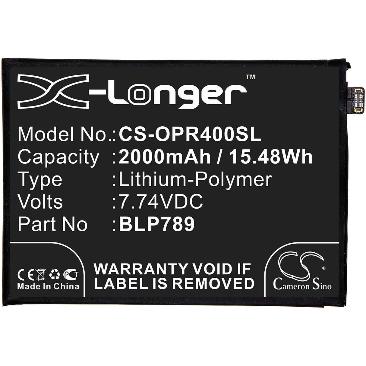 7.74V, Li-Polymer, 2000mAh, SmartPhone battery fits Oppo, Blp789, Cph2091, Pdpm00, 15.48Wh Mobile, SmartPhone Cameron Sino Technology Limited (Smartphone)