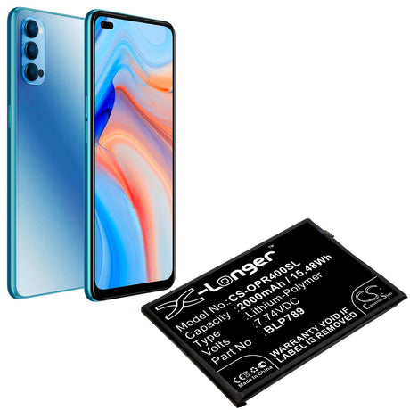 7.74V, Li-Polymer, 2000mAh, SmartPhone battery fits Oppo, Blp789, Cph2091, Pdpm00, 15.48Wh Mobile, SmartPhone Cameron Sino Technology Limited (Smartphone)