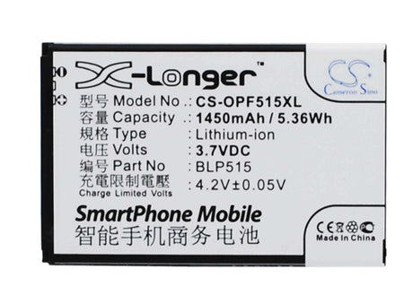 3.7V, Li-ion, 1450mAh, SmartPhone battery fits Oppo, Blp515, F15, R801, 5.37Wh Mobile, SmartPhone Cameron Sino Technology Limited (Smartphone)