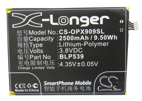 3.8V, Li-Polymer, 2500mAh, SmartPhone battery fits Oppo, Blp539, Find 5, X909, 9.5Wh Mobile, SmartPhone Cameron Sino Technology Limited (Smartphone)