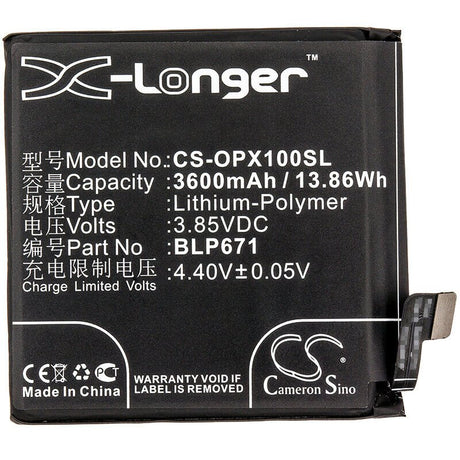 3.85V, Li-Polymer, 3600mAh, SmartPhone battery fits Oppo, Blp671, Find X, Find X Dual Sim, 13.86Wh Mobile, SmartPhone Cameron Sino Technology Limited (Smartphone)