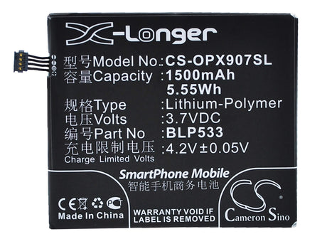 3.7V, Li-Polymer, 1500mAh, SmartPhone battery fits Oppo, Blp533, Finder, X907, 5.55Wh Mobile, SmartPhone Cameron Sino Technology Limited (Smartphone)