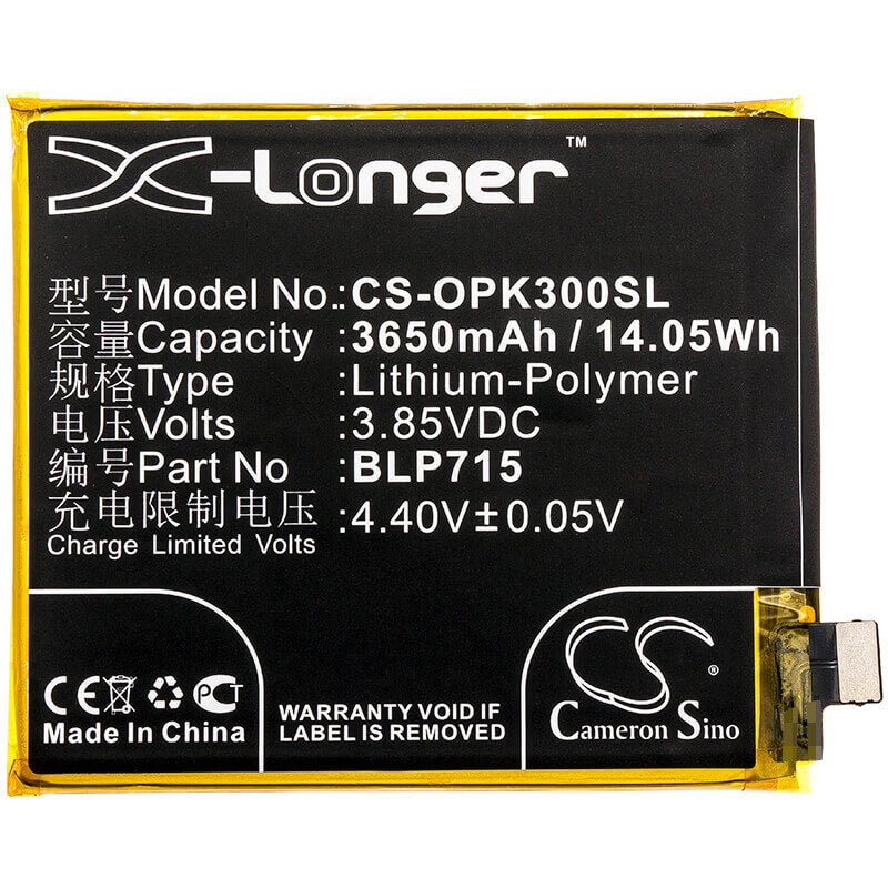 3.85V, Li-Polymer, 3650mAh, SmartPhone battery fits Oppo, Blp715, K3, K3 Premium Edition, 14.05Wh Mobile, SmartPhone Cameron Sino Technology Limited (Suspended)
