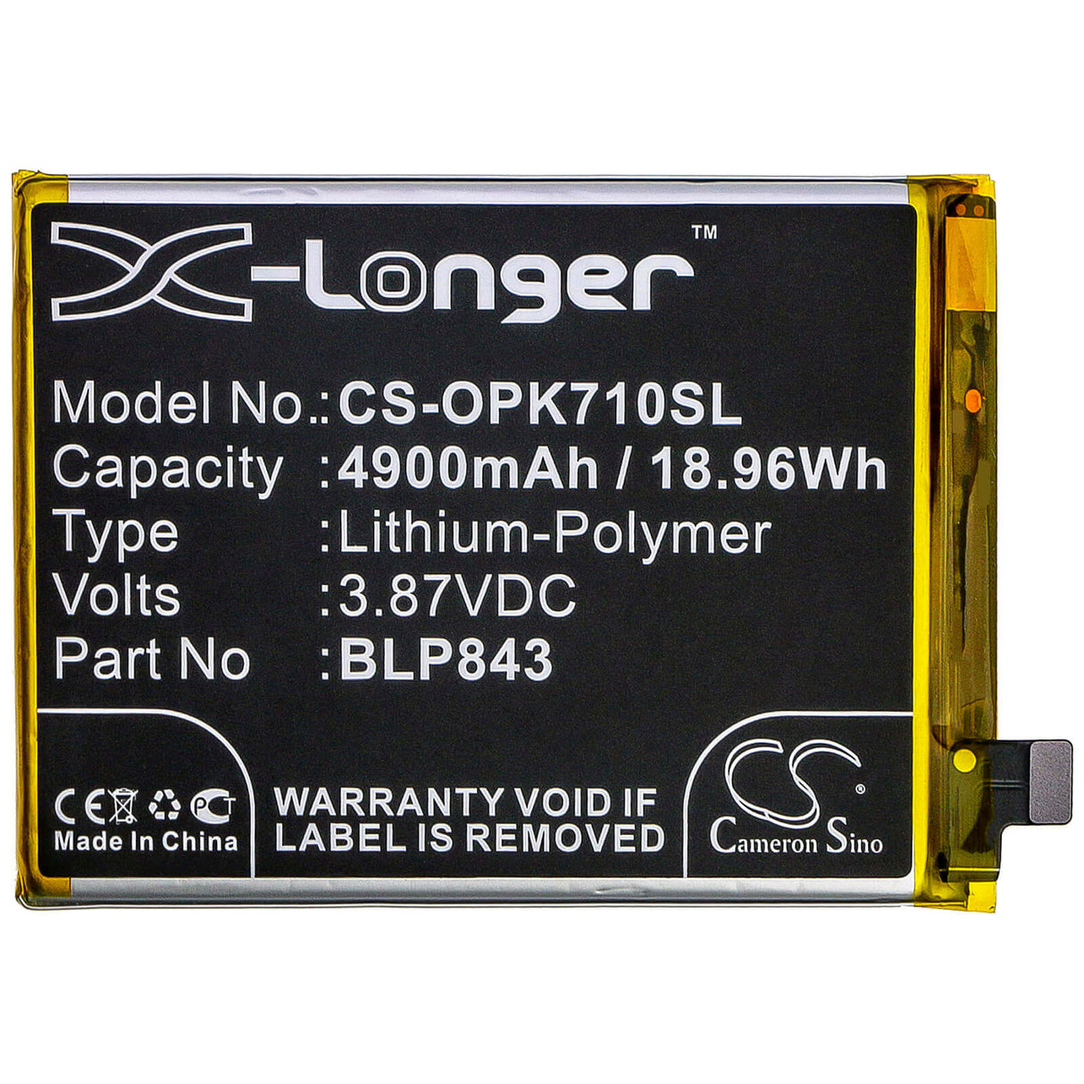 3,87V, Li-Polymer, 4900mAh, batterie de smartphone compatible avec Oppo, Blp843, K7x, K7x 2020 5g, 18,96Wh Mobile, Smartphone Cameron Sino Technology Limited (Smartphone)