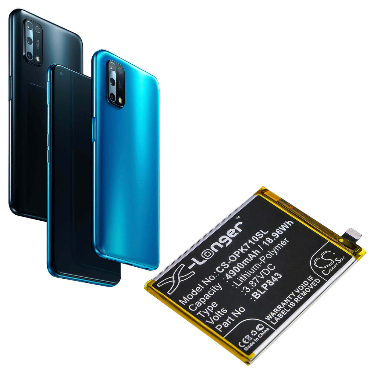 3,87V, Li-Polymer, 4900mAh, batterie de smartphone compatible avec Oppo, Blp843, K7x, K7x 2020 5g, 18,96Wh Mobile, Smartphone Cameron Sino Technology Limited (Smartphone)