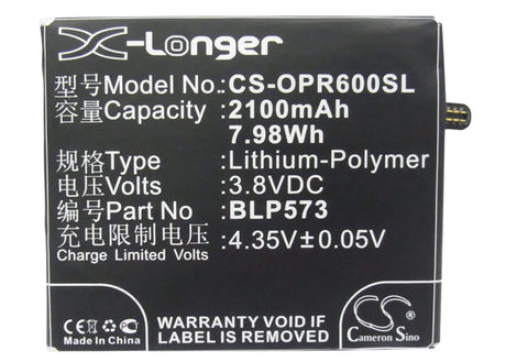 3.8V, Li-Polymer, 2100mAh, SmartPhone battery fits Oppo, Blp573, N1 Mini, N5111, 7.98Wh Mobile, SmartPhone Cameron Sino Technology Limited (Smartphone)