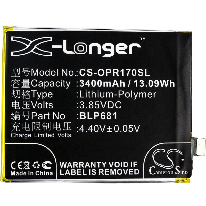 3.85V, Li-Polymer, 3400mAh, SmartPhone battery fits Oppo, Blp681, Pagt00, R17, 13.09Wh Mobile, SmartPhone Cameron Sino Technology Limited (Smartphone)
