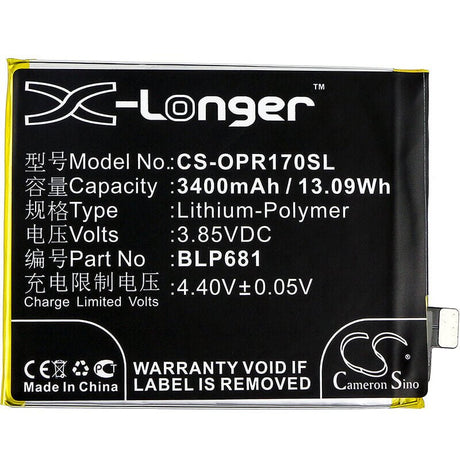 3.85V, Li-Polymer, 3400mAh, SmartPhone battery fits Oppo, Blp681, Pagt00, R17, 13.09Wh Mobile, SmartPhone Cameron Sino Technology Limited (Smartphone)