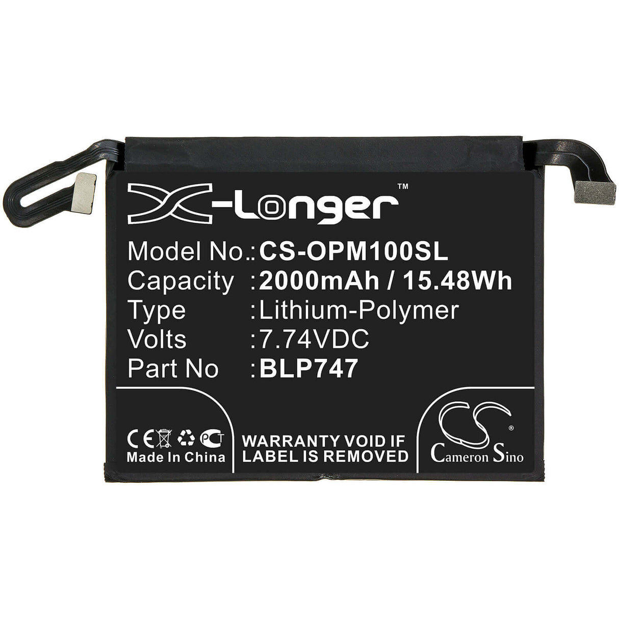 7.74V, Li-Polymer, 2000mAh, SmartPhone battery fits Oppo, Blp747, Pclm10, Reno Ace, 15.48Wh Mobile, SmartPhone Cameron Sino Technology Limited (Suspended)