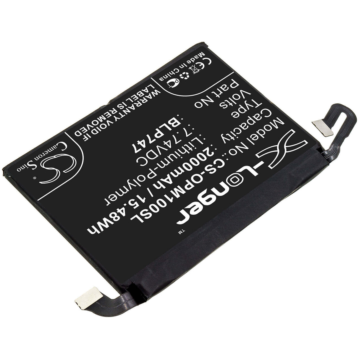 7.74V, Li-Polymer, 2000mAh, SmartPhone battery fits Oppo, Blp747, Pclm10, Reno Ace, 15.48Wh Mobile, SmartPhone Cameron Sino Technology Limited (Suspended)