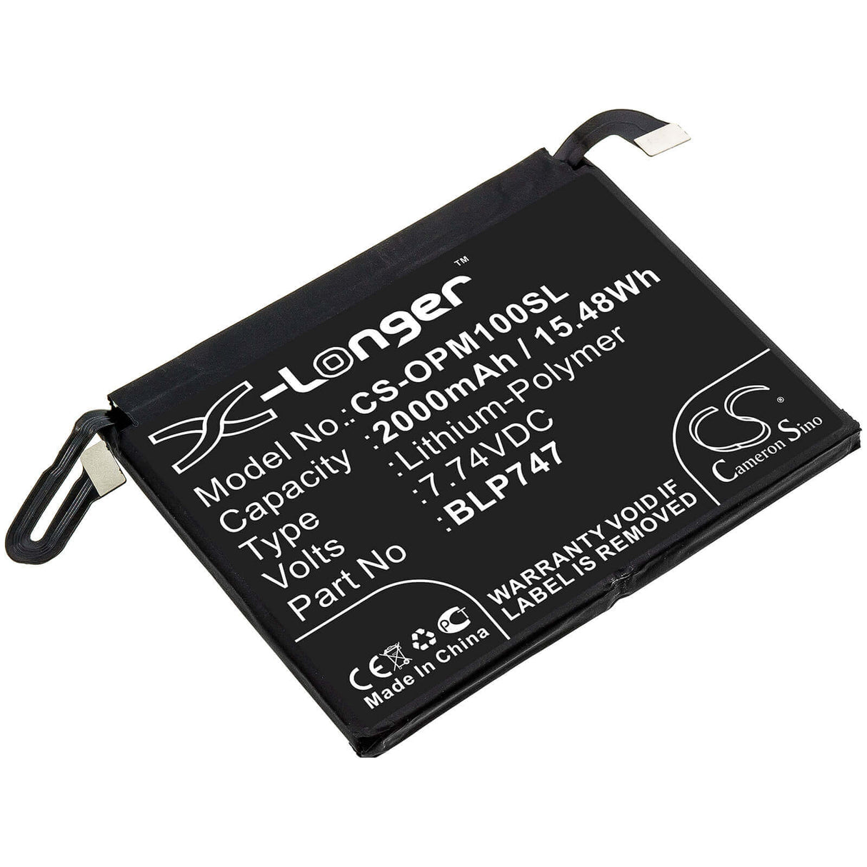 7.74V, Li-Polymer, 2000mAh, SmartPhone battery fits Oppo, Blp747, Pclm10, Reno Ace, 15.48Wh Mobile, SmartPhone Cameron Sino Technology Limited (Suspended)