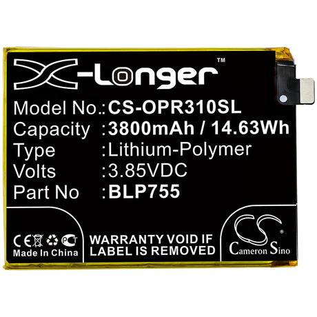 3.85V, Li-Polymer, 3800mAh, SmartPhone battery fits Oppo, Blp755, Pclm50, Pdct00, 14.63Wh Mobile, SmartPhone Cameron Sino Technology Limited (Smartphone)