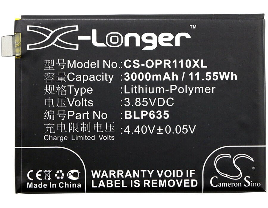 3.85V, Li-Polymer, 3000mAh, SmartPhone battery fits Oppo, Blp635, R11, 11.55Wh Mobile, SmartPhone Cameron Sino Technology Limited (Smartphone)