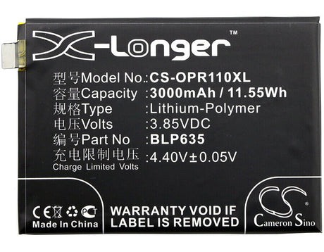 3.85V, Li-Polymer, 3000mAh, SmartPhone battery fits Oppo, Blp635, R11, 11.55Wh Mobile, SmartPhone Cameron Sino Technology Limited (Smartphone)