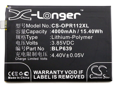 3.85V, Li-Polymer, 4000mAh, SmartPhone battery fits Oppo, Blp639, R11 Plus, R11 Plus Dual Sim, 15.4Wh Mobile, SmartPhone Cameron Sino Technology Limited (Suspended)