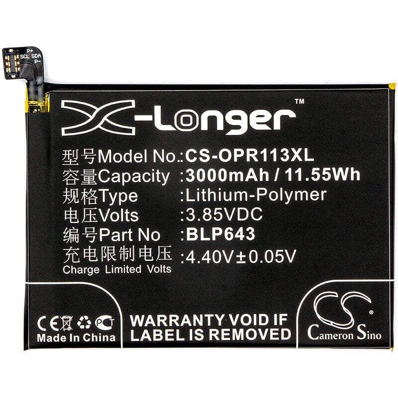 3.85V, Li-Polymer, 3000mAh, SmartPhone battery fits Oppo, Blp643, Cph1719, R11s, 11.55Wh Mobile, SmartPhone Cameron Sino Technology Limited (Smartphone)