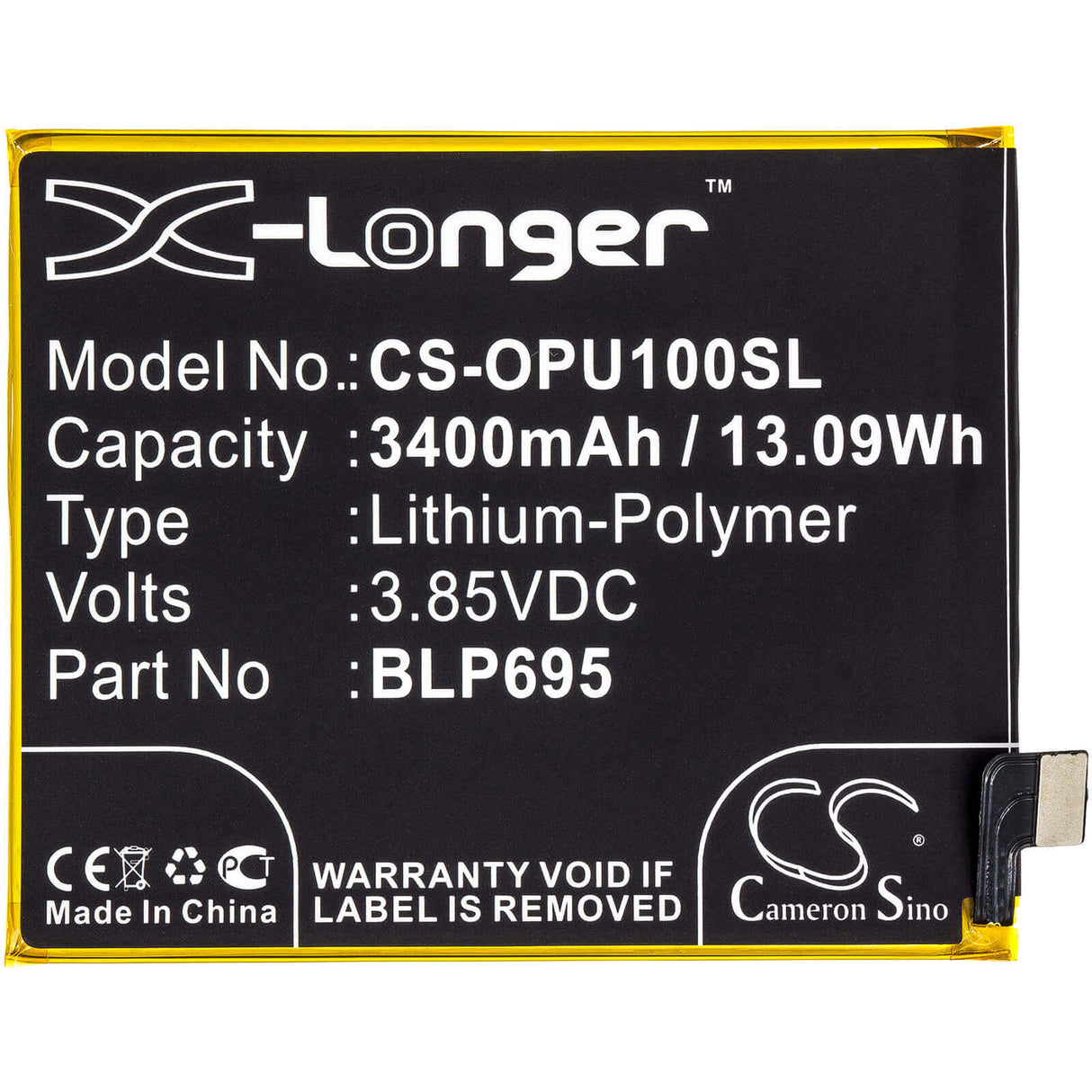 3.85V, Li-Polymer, 3400mAh, SmartPhone battery fits Oppo, Blp695, R1833, Realme U1, 13.09Wh Mobile, SmartPhone Cameron Sino Technology Limited (Smartphone)
