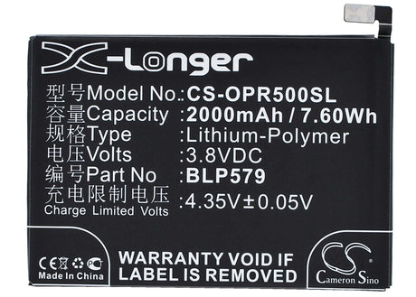 3.8V, Li-Polymer, 2000mAh, SmartPhone battery fits Oppo, Blp579, R5, R8107, 7.6Wh Mobile, SmartPhone Cameron Sino Technology Limited (Smartphone)