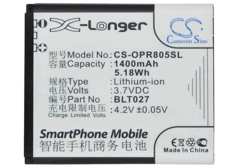 3.7V, Li-ion, 1400mAh, SmartPhone battery fits Oppo, Blt027, R803, R805, 5.18Wh Mobile, SmartPhone Cameron Sino Technology Limited (Suspended)