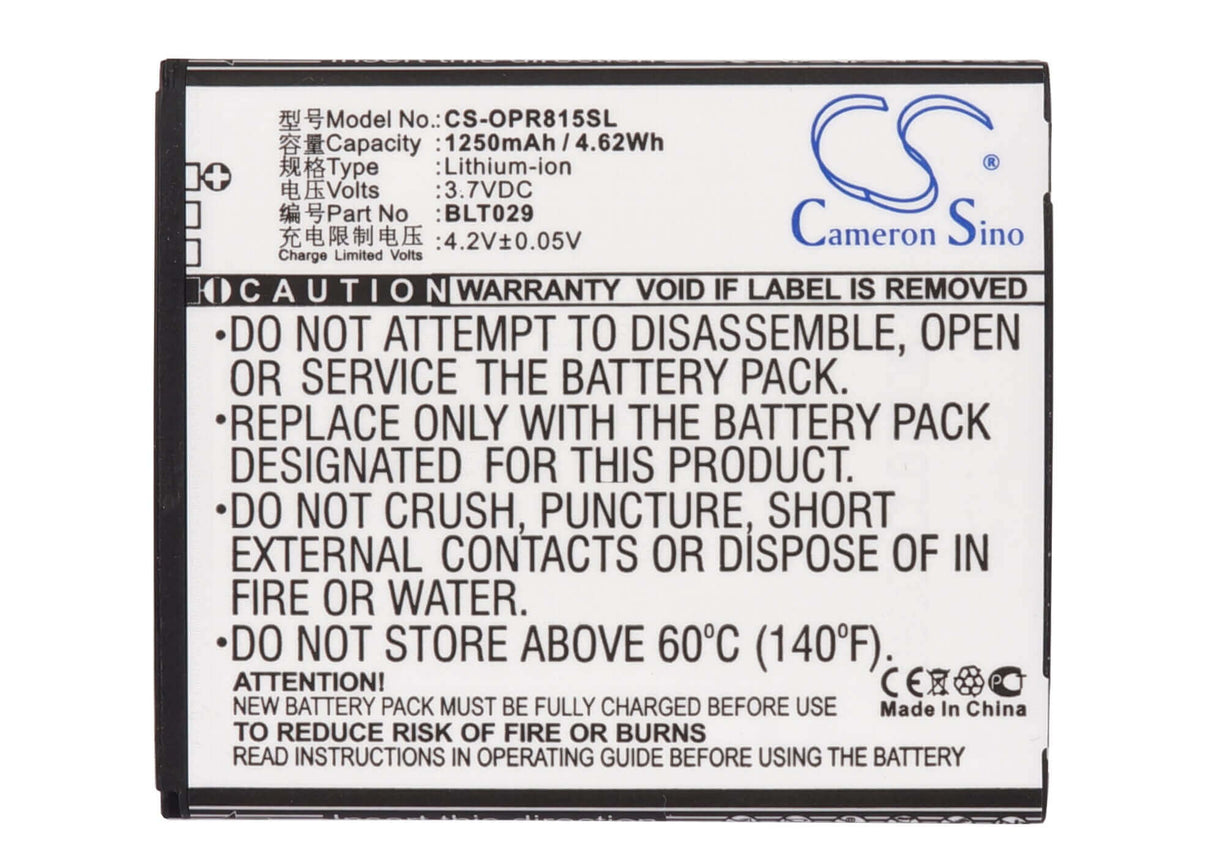 3.7V, Li-ion, 1250mAh, SmartPhone battery fits Oppo, Blt029, R815t, R821t, 4.63Wh Mobile, SmartPhone Cameron Sino Technology Limited (Suspended)