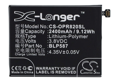 3.8V, Li-Polymer, 2400mAh, SmartPhone battery fits Oppo, Blp587, R1c, R8200, 9.12Wh Mobile, SmartPhone Cameron Sino Technology Limited (Smartphone)