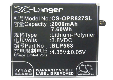 3.8V, Li-Polymer, 2000mAh, SmartPhone battery fits Oppo, Blp563, R827, R827t, 7.6Wh Mobile, SmartPhone Cameron Sino Technology Limited (Suspended)